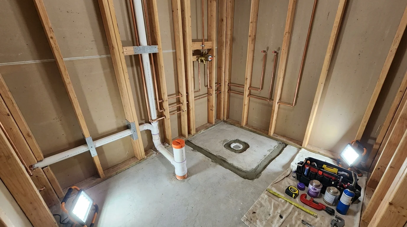 Bathroom rough-in plumbing during remodel by Johns Plumbing LLC in Glenwood City