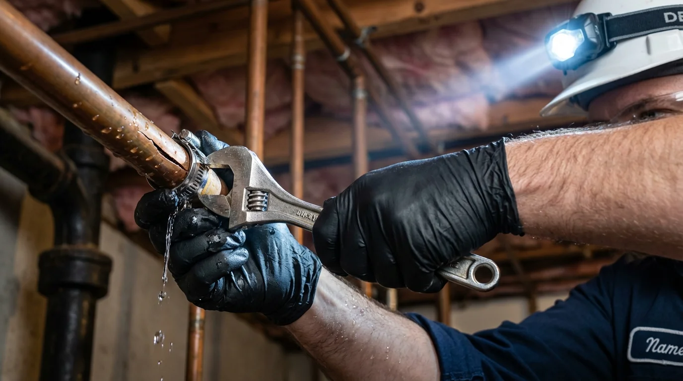 Emergency pipe clamp repair being performed by a Johns Plumbing LLC plumber in Glenwood City