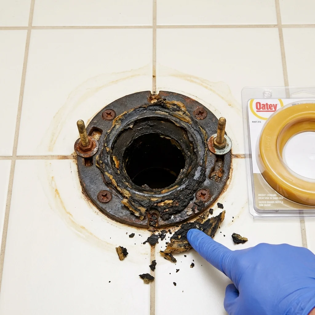 Failed wax ring showing water seepage at the base of a toilet in a Glenwood City, WI home