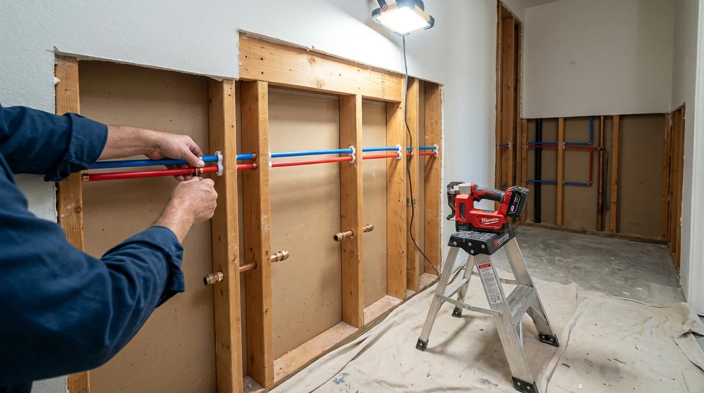 Old galvanized pipes being replaced with modern PEX piping during a whole-house repipe in Glenwood City, WI